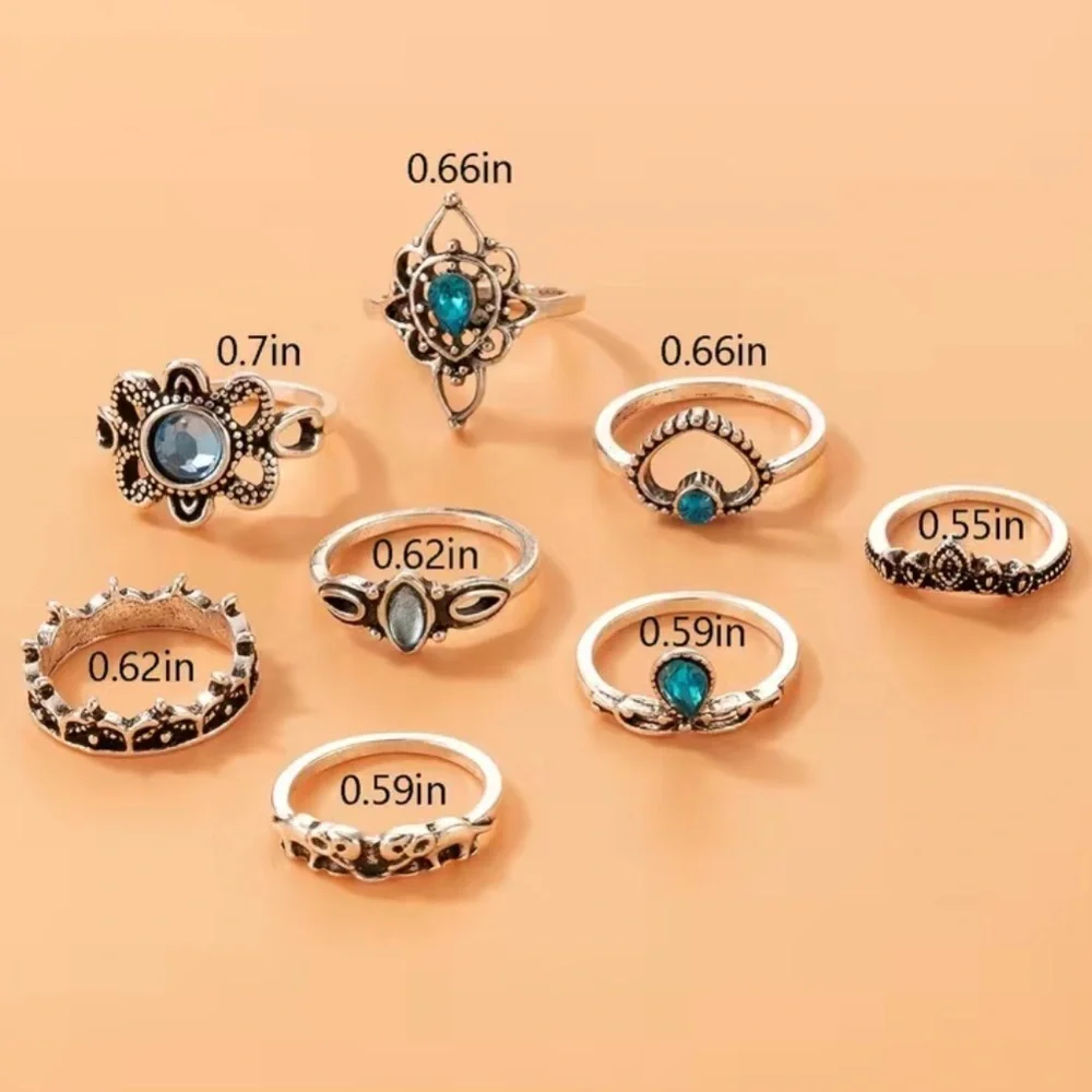 Vintage Boho Heart Flower Blue Gemstone Ring Set 8pc